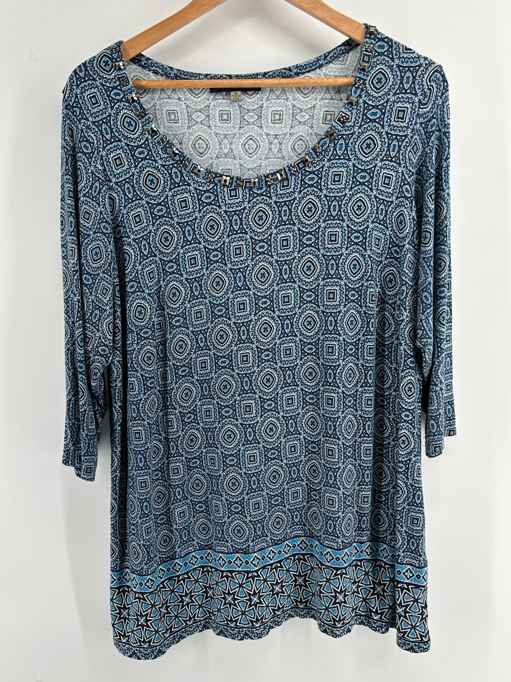Rose & Olive Blue Geometric Scoop Neck Tunic Boho 3/4 Sleeves Women's Sz 1X